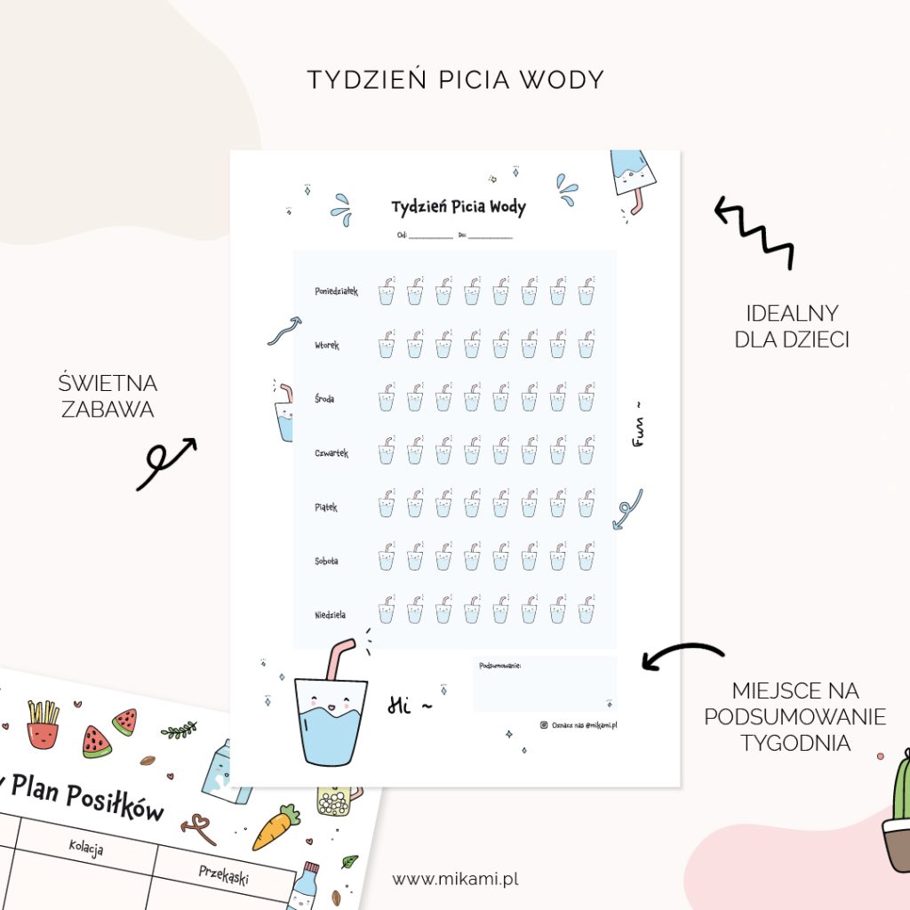 darmowy PDF do druku, tygodniowy tracker picia wody