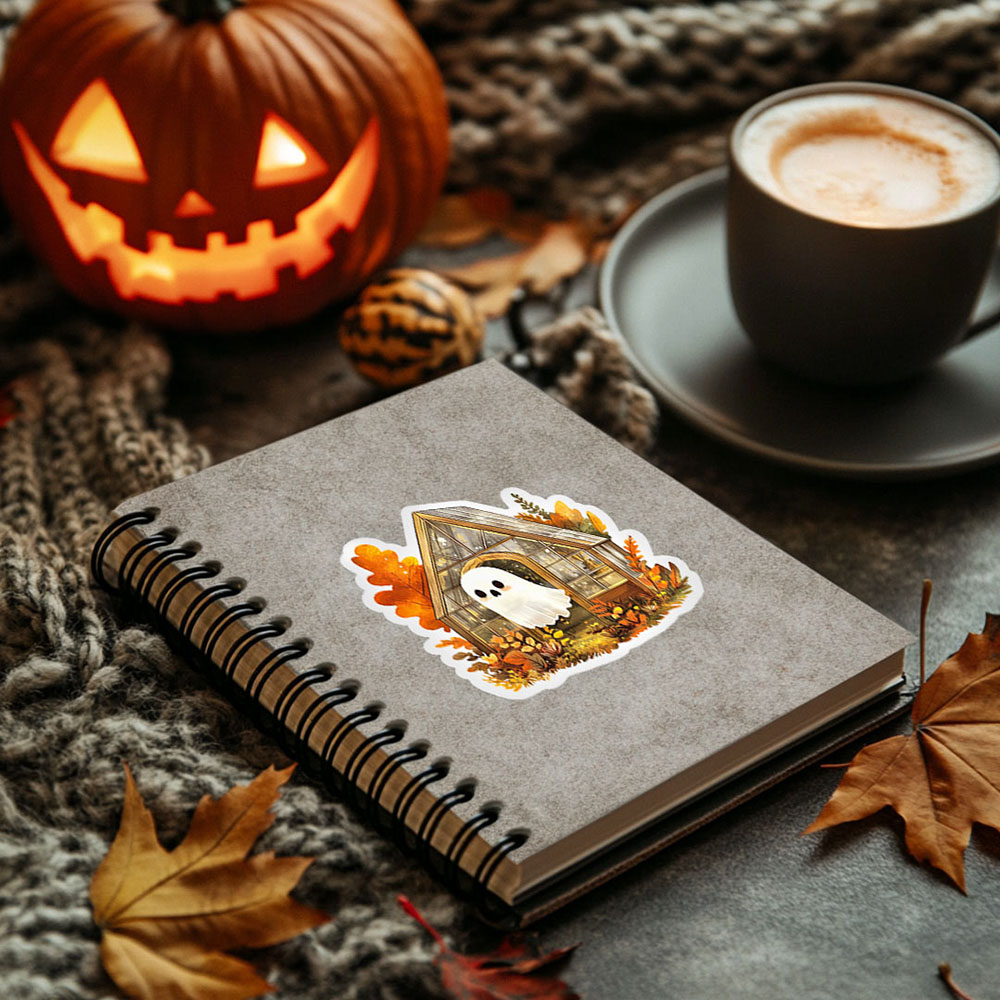 naklejka papierowa duszek w szklarni w ciepłych kolorach, idealna na Halloween