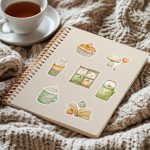 naklejki kolekcja jesieniary, kawaii naklejki z jablecznik, grzyby, ksiażki, napoje cieple i jesienne okno