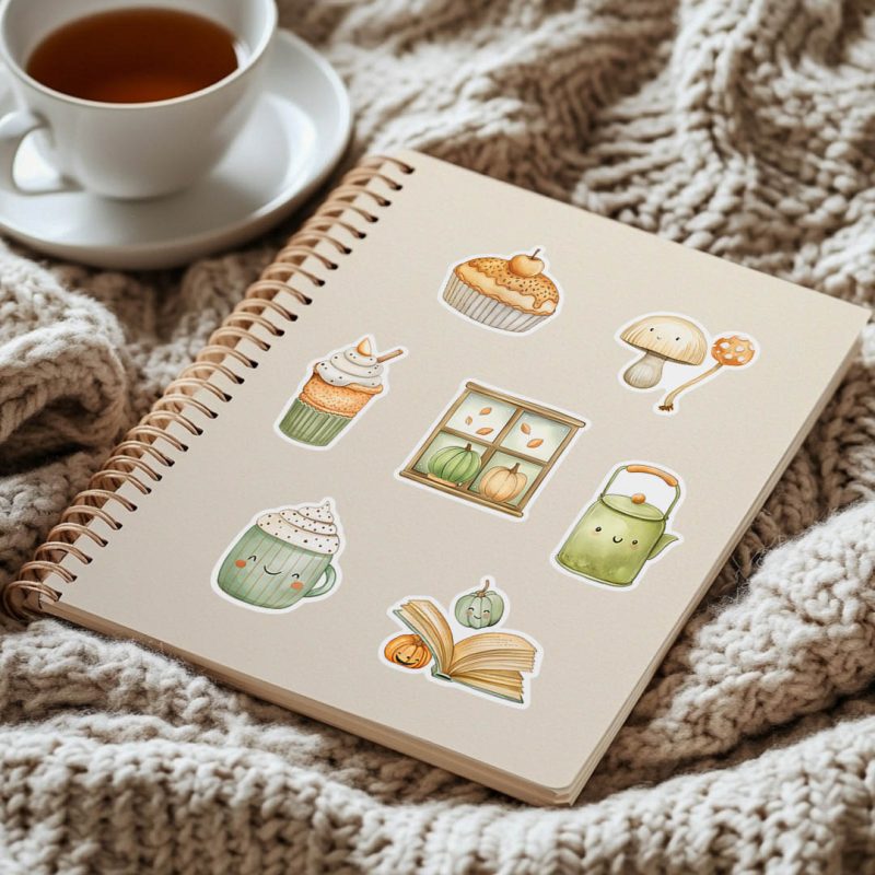 naklejki kolekcja jesieniary, kawaii naklejki z jablecznik, grzyby, ksiażki, napoje cieple i jesienne okno