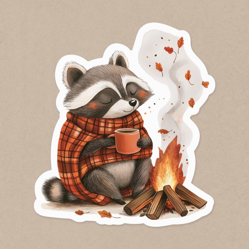 naklejka z szopem praczem przy ognisku