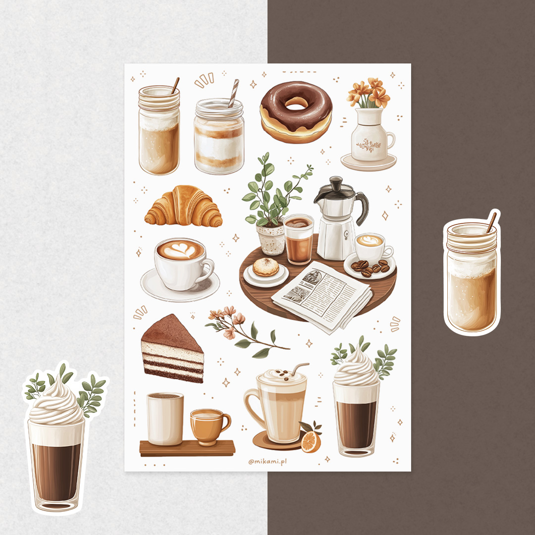 Naklejki kawa na arkuszu z motywem kawy