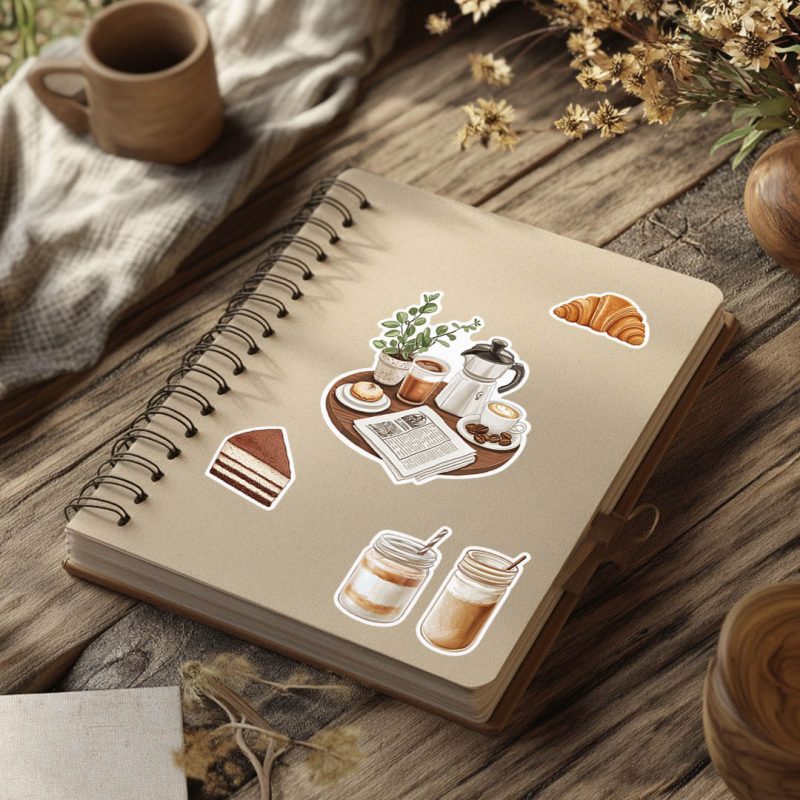 naklejki kawa, w zestawie naklejka stolik kawowy, croissant, tiramisu, kawa mrożona