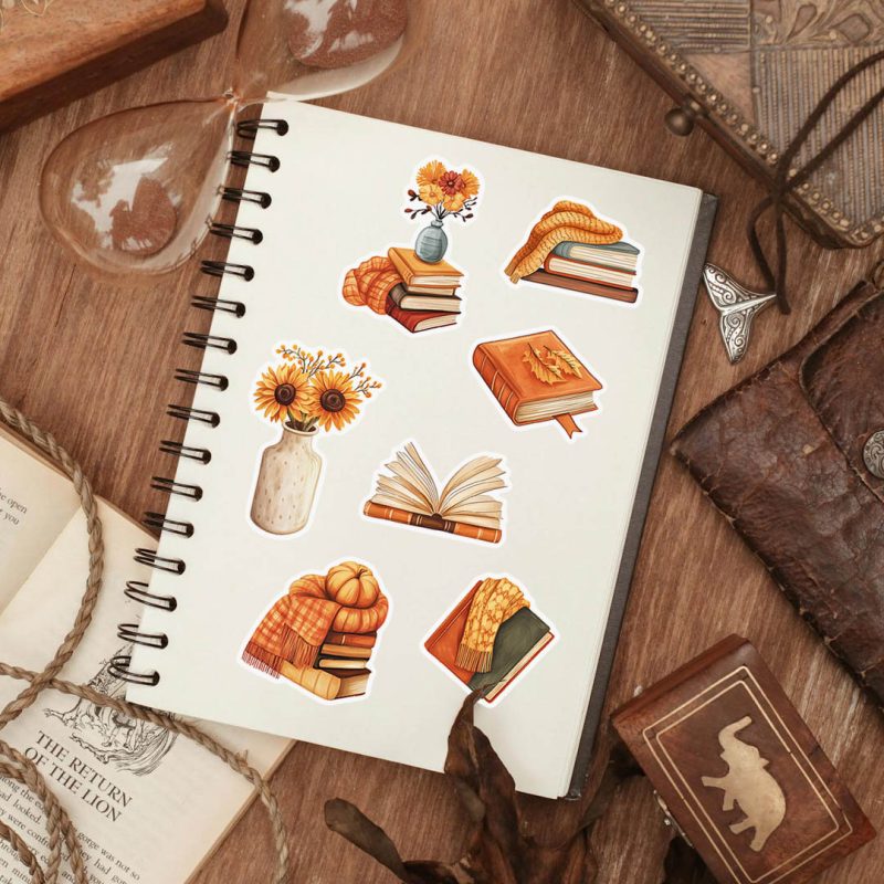 naklejki ksiazkowa jesieniara, ksiażki, kwiaty, szaliki, dynie