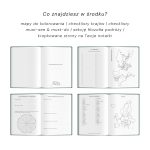 co znajdziesz w srodku dziennika podróżnego, czyli mapy do kolorowania, checklisty krajów, checklisty must-see & must-do, sekcję filozofia podróży, kropkowane strony na Twoje notatki