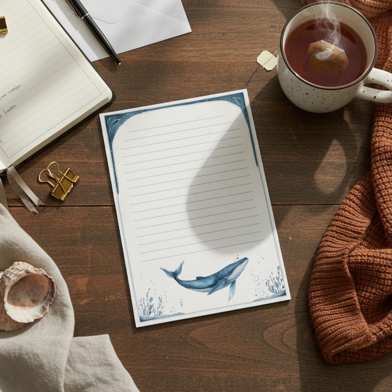 Notes z wyrywanymi kartkami z wielorybem