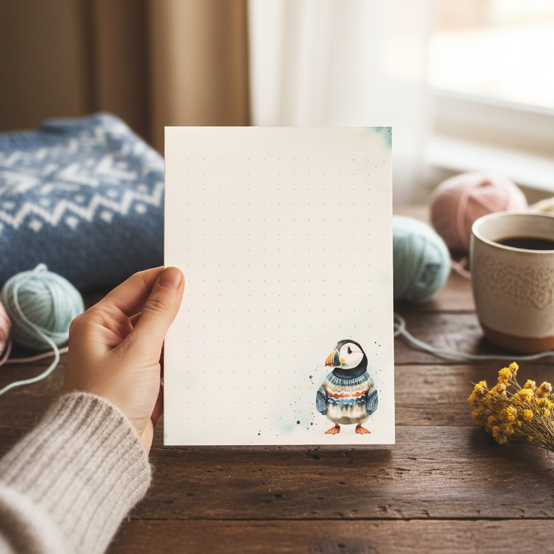 Notesik A6 z nadrukiem maskonura w kolorowym swetrze